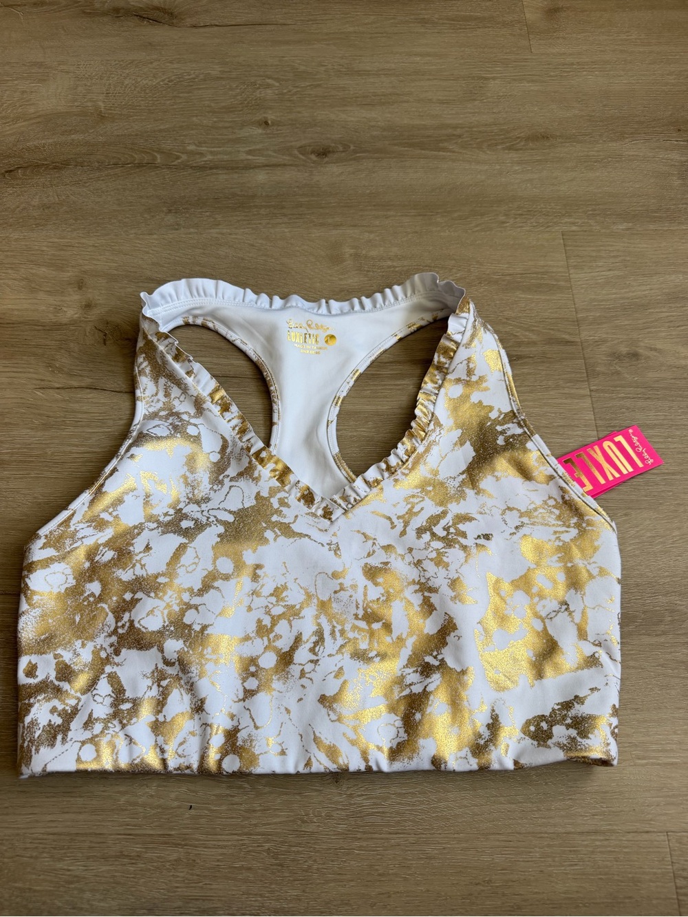 Lilly Pulitzer Luxletic Sports Bra Gold White Lindsay UPF 50 SZ L NWT